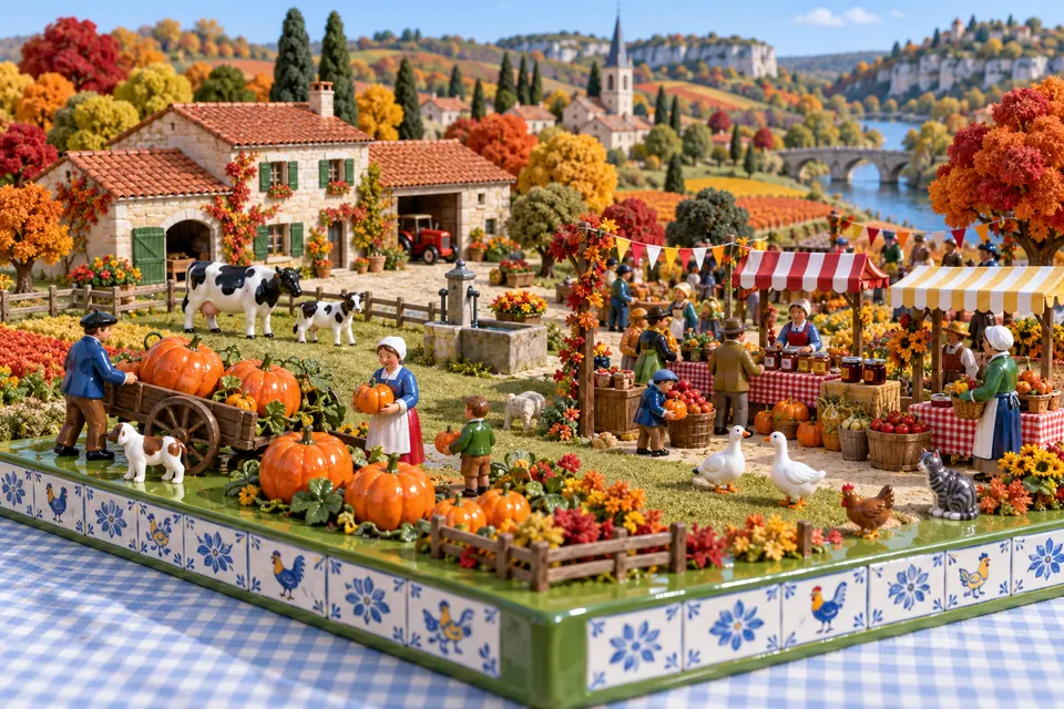 La vallée de FermeVallée assemblée en maquette sur une nappe vichy, en octobre : Le marché d’automne s’installe, entre potirons et confitures.