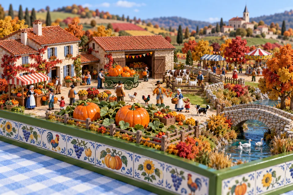 La vallée de FermeVallée assemblée en maquette sur une nappe vichy, en octobre : Le marché d’automne s’installe, entre potirons et confitures.